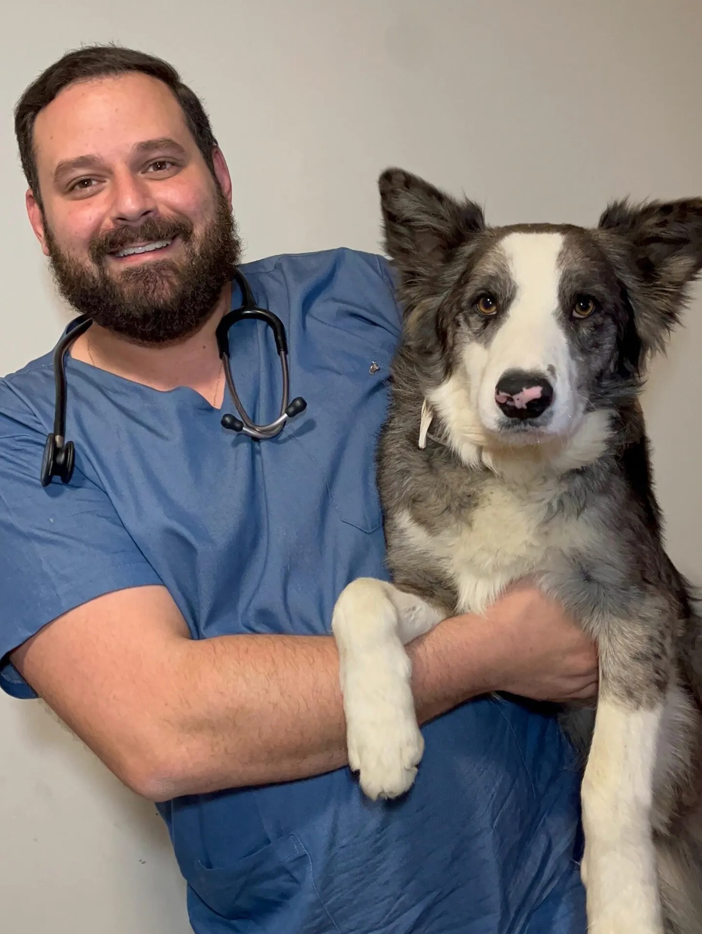 Dr. Luis Rodrigues, veterinário em São Roque, sorrindo ao lado de um cão Border Collie